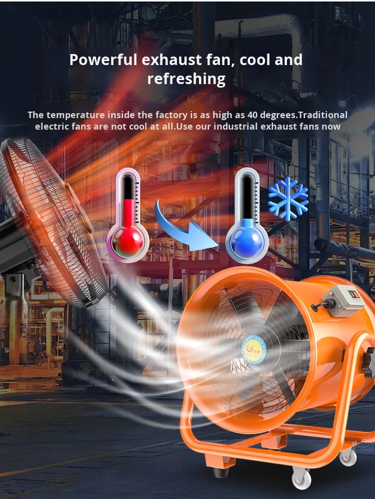Portable 3000RPM Axial Flow Fan with Flexible Duct Hose for Industrial Exhaust Ventilation in Factories and Construction Sites