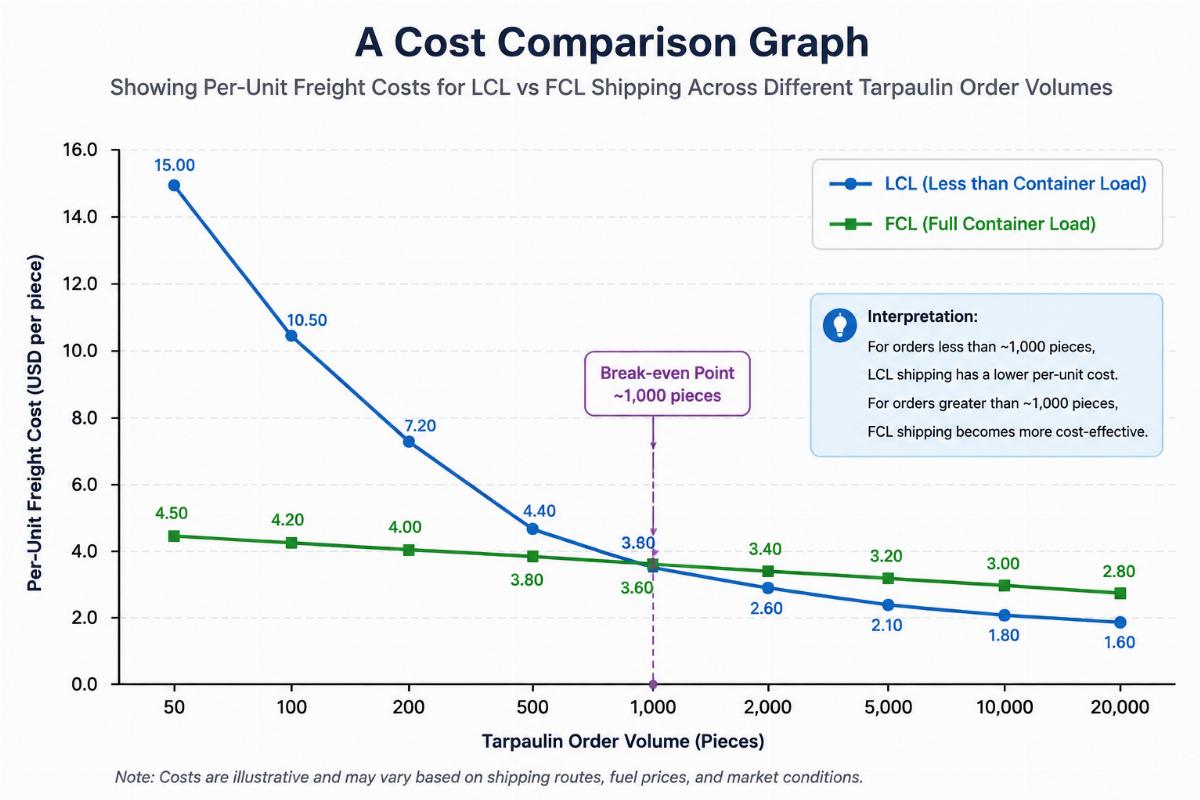 A cost comparison graph showing per-unit freight costs for LCL vs FCL shipping across different tarpaulin order volumes