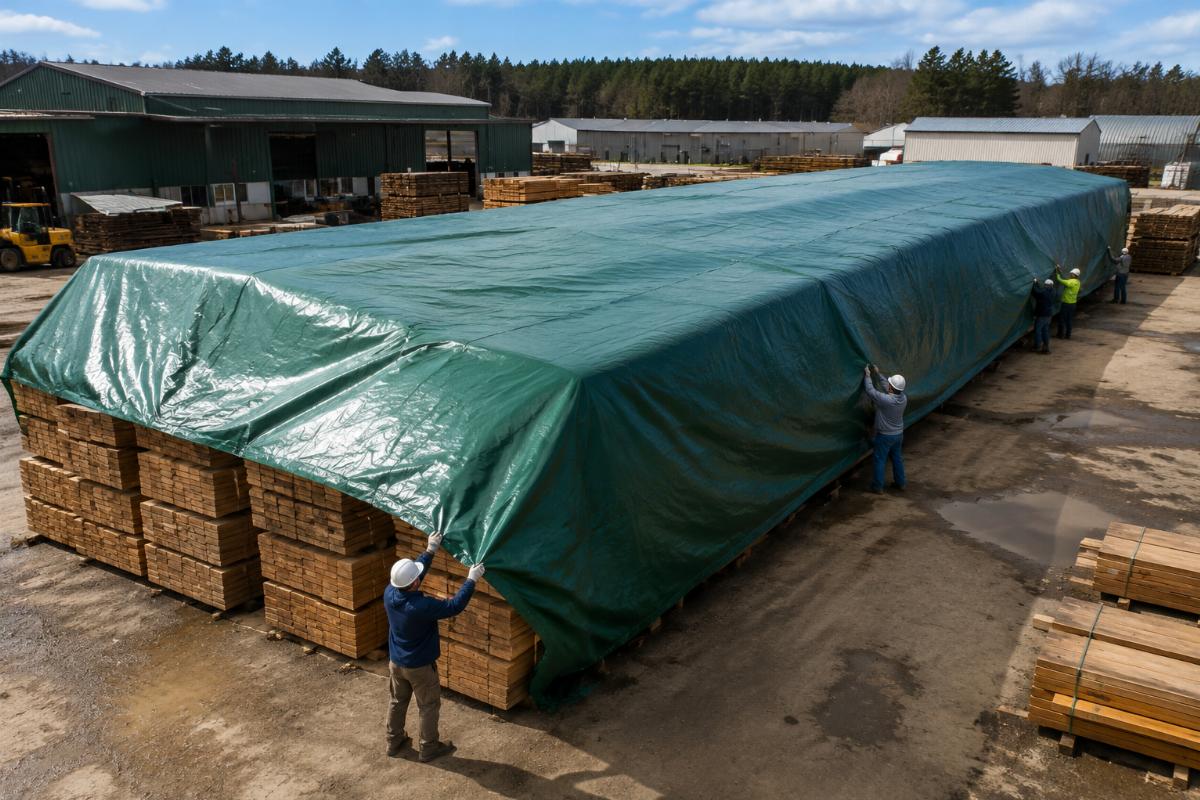 A custom wide tarp being laid over a large timber storage area