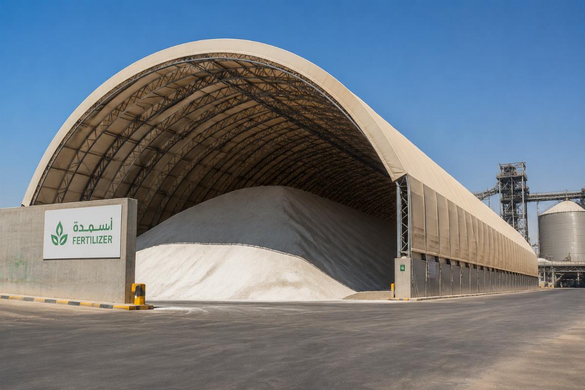 A large covered fertilizer stockpile at a Middle East bulk storage facility
