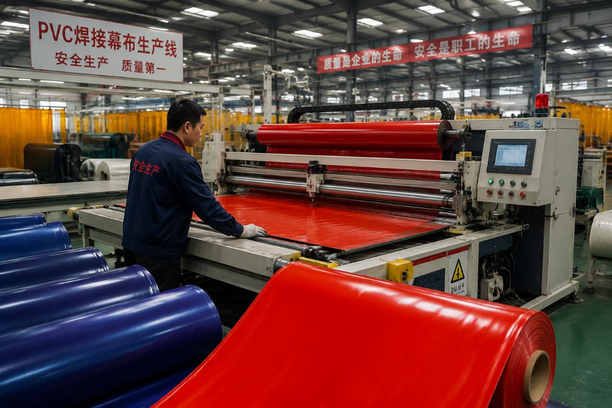 A production line in a Chinese industrial fabric factory cutting large rolls of PVC welding curtain material