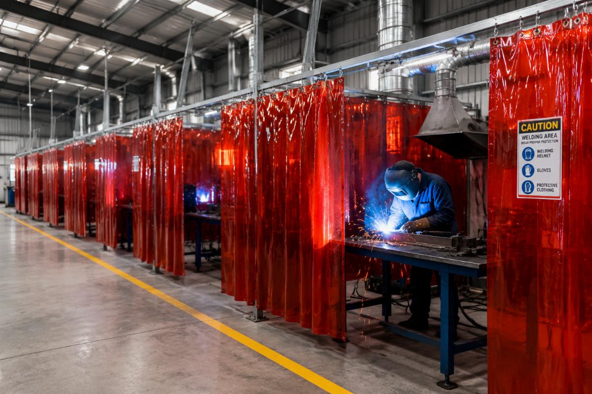 A row of welding stations in an industrial workshop separated by clear fire-retardant PVC welding curtains