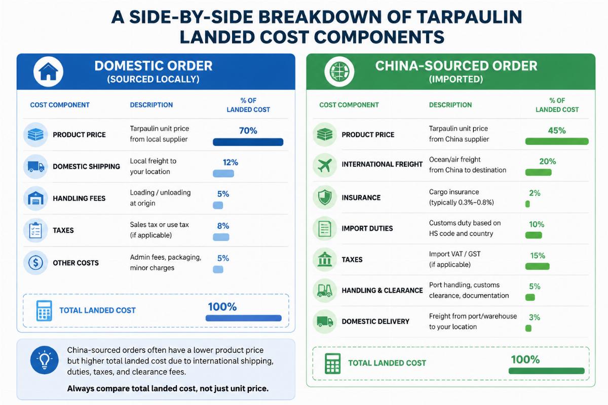 A side-by-side breakdown of tarpaulin landed cost components for domestic vs China-sourced orders
