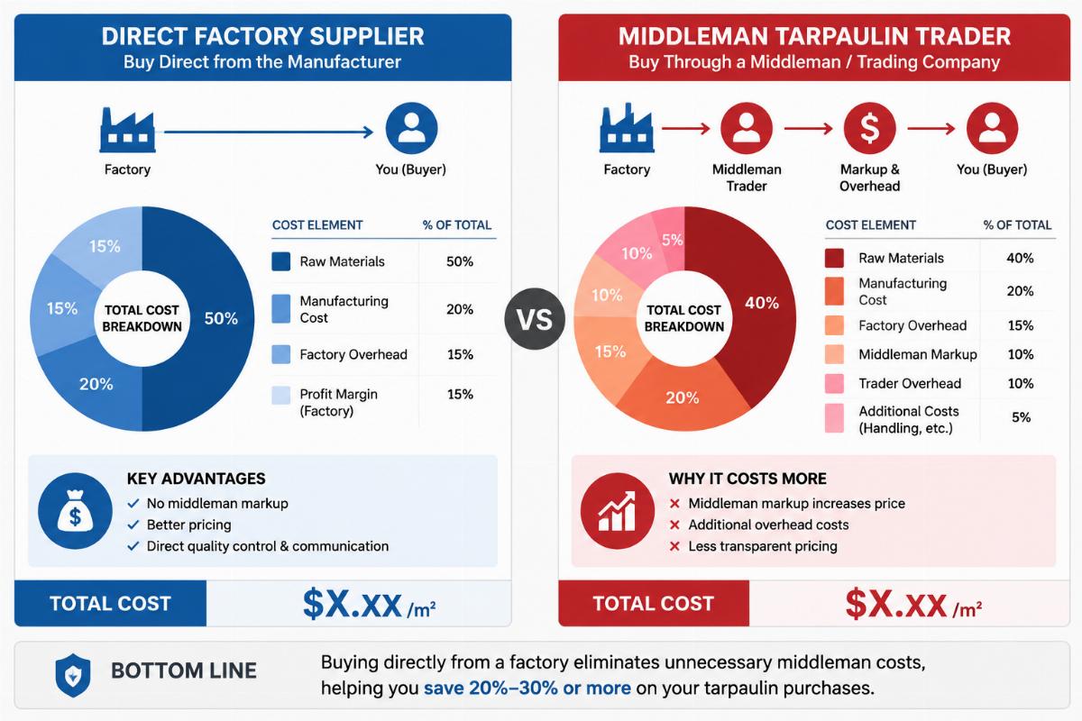 A side-by-side comparison of cost breakdowns for a direct factory supplier vs a middleman tarpaulin trader