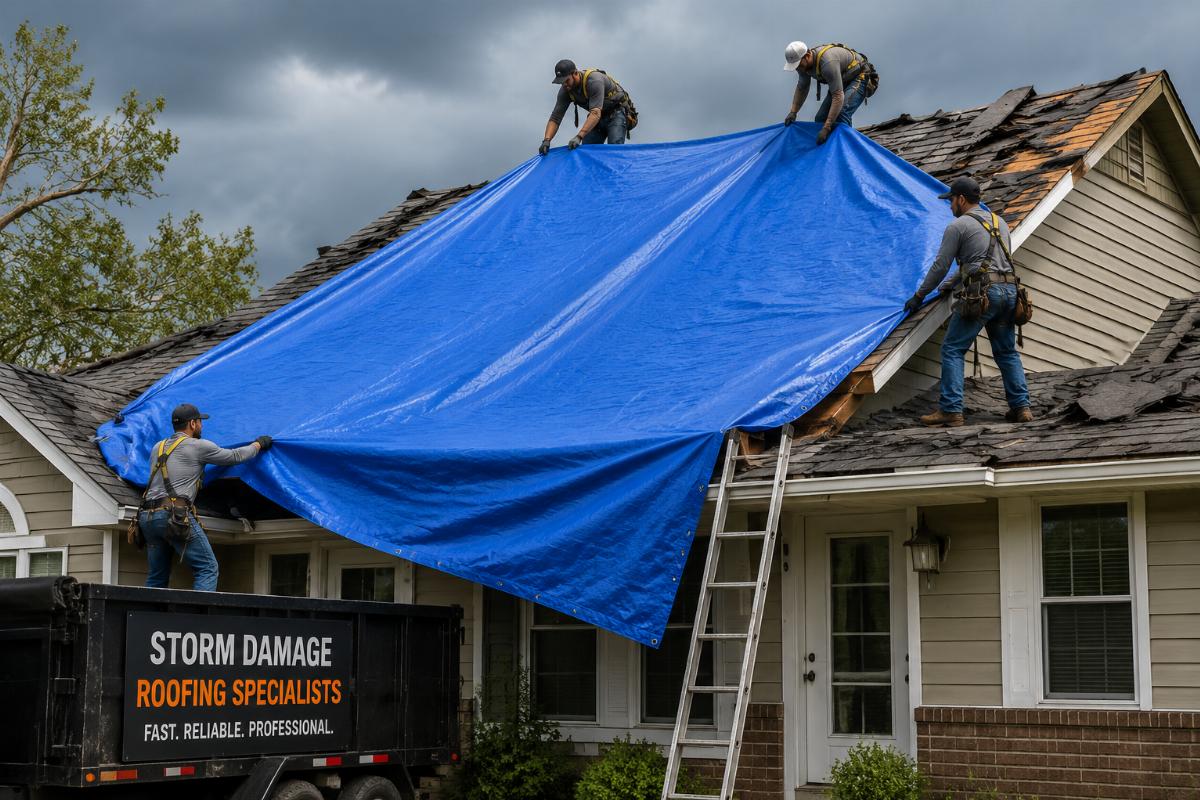 A team of roofing contractors deploying a heavy-duty emergency tarp over a storm-damaged residential roof