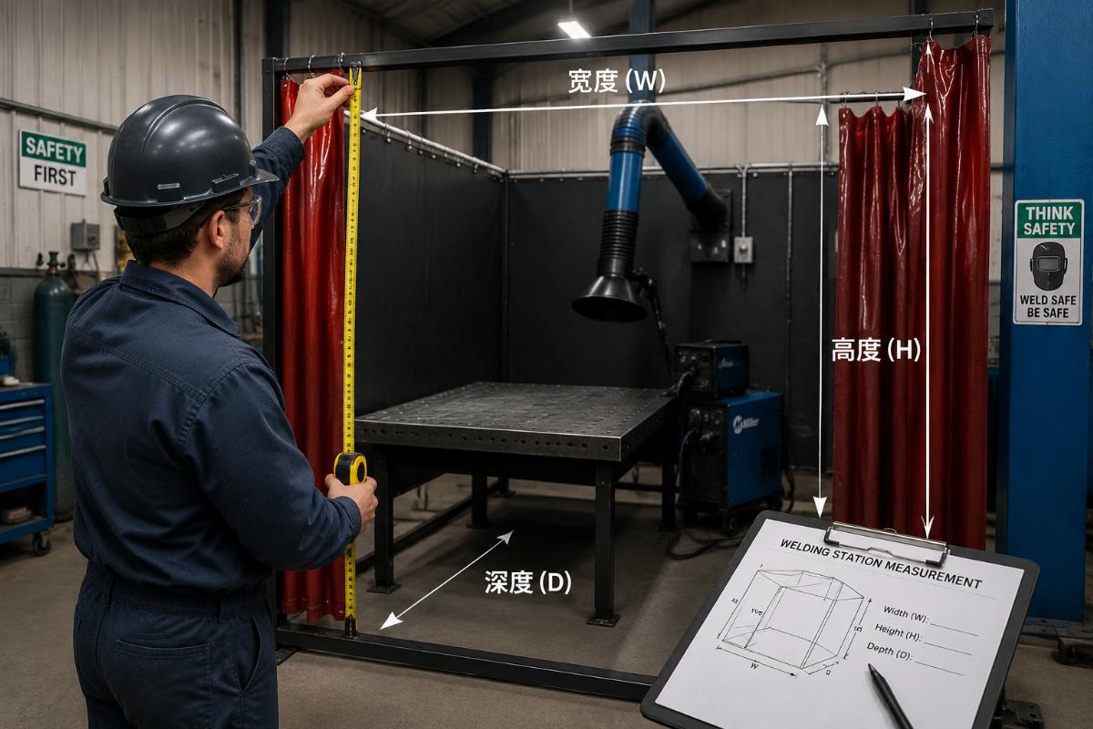 A technician measuring the dimensions of a welding station to calculate required curtain size