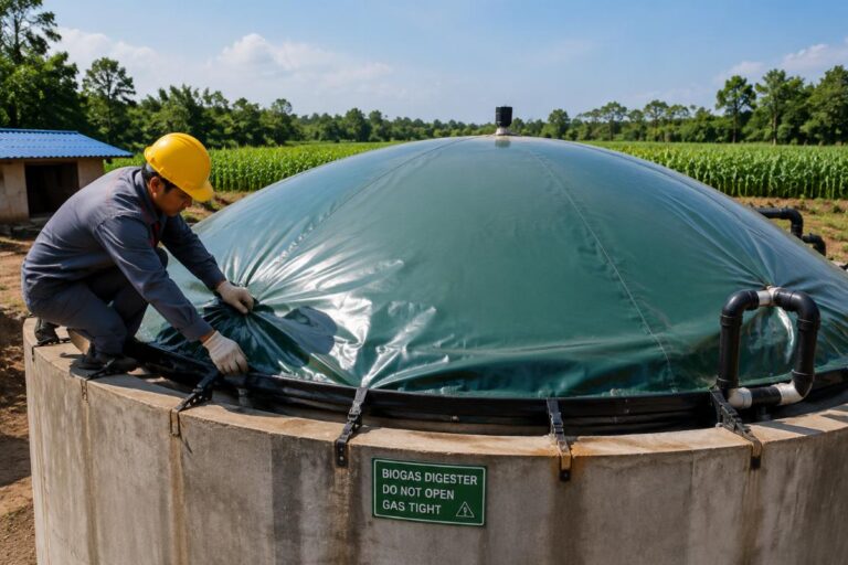 A worker installing a gas-tight PVC tarpaulin biogas digester cover on a medium-scale agricultural biogas tank
