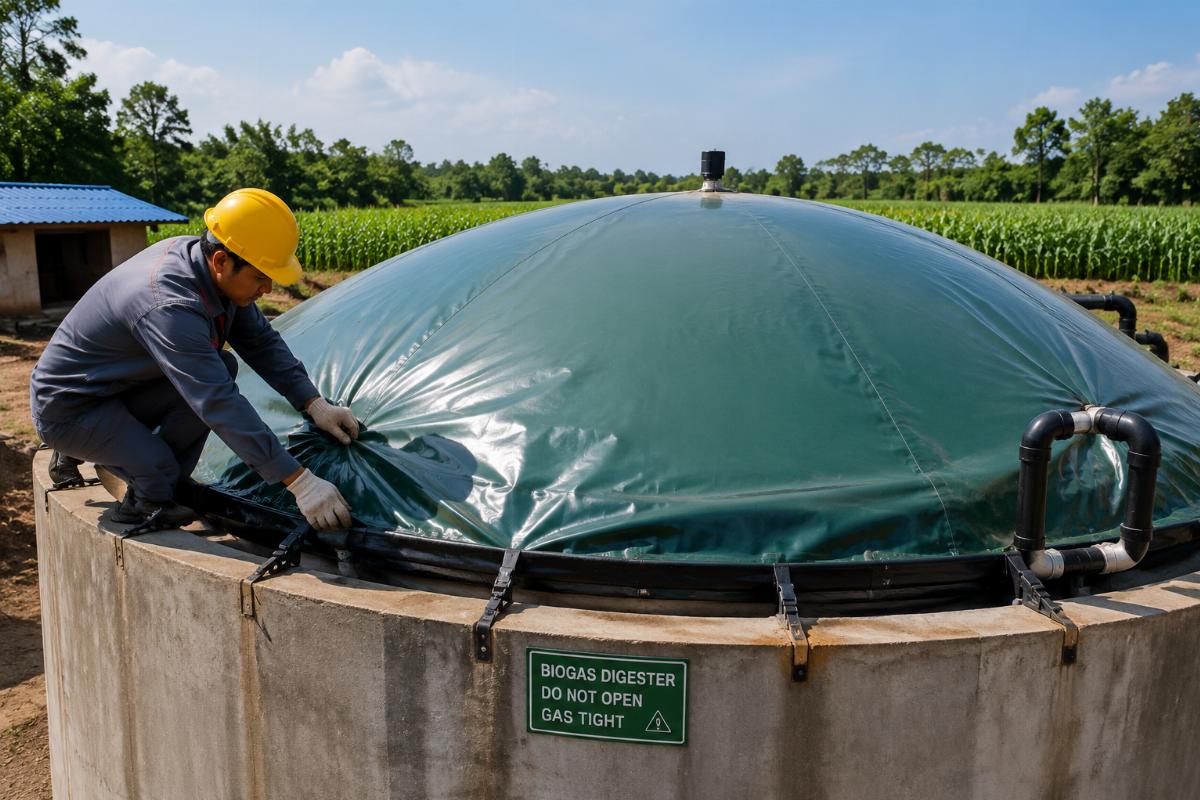 A worker installing a gas-tight PVC tarpaulin biogas digester cover on a medium-scale agricultural biogas tank