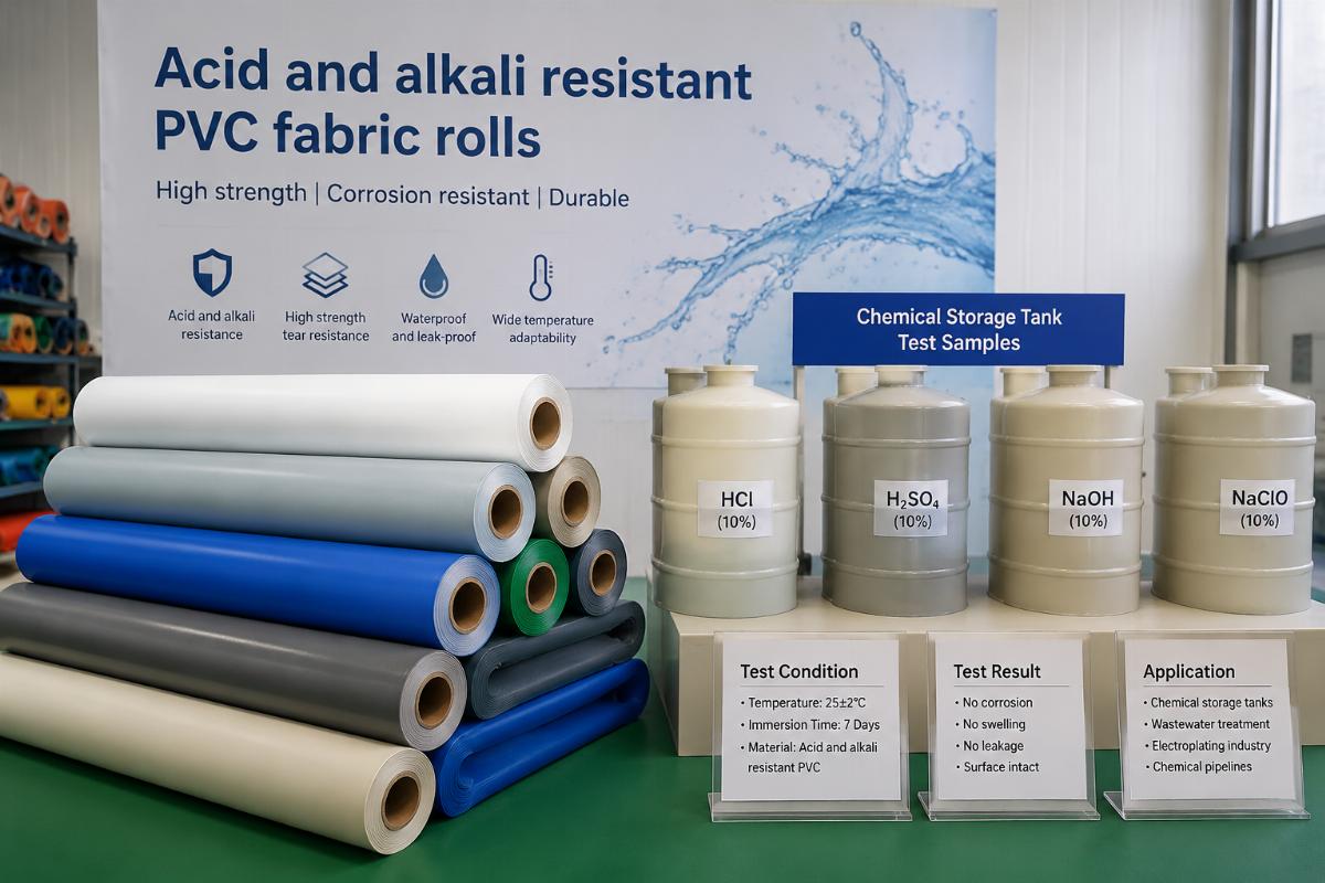 Acid and alkali resistant PVC fabric rolls displayed next to chemical storage tank test samples
