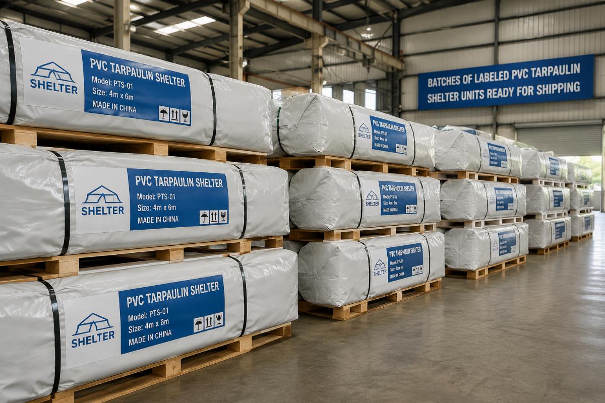Batches of labeled PVC tarpaulin shelter units ready for shipping