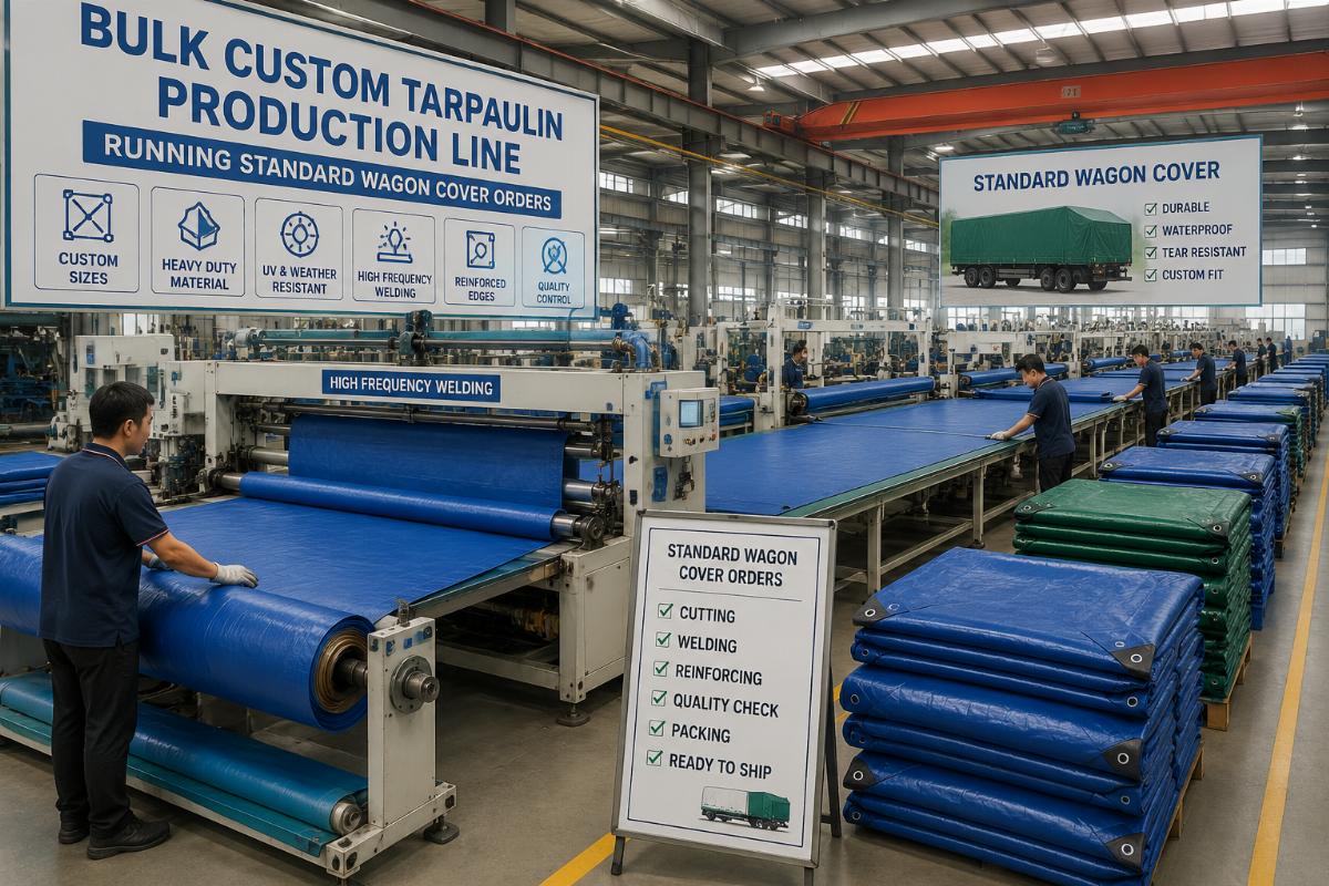 Bulk custom tarpaulin production line running standard wagon cover orders