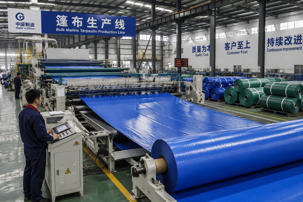 Bulk marine tarpaulin production line in operation at a Chinese factory