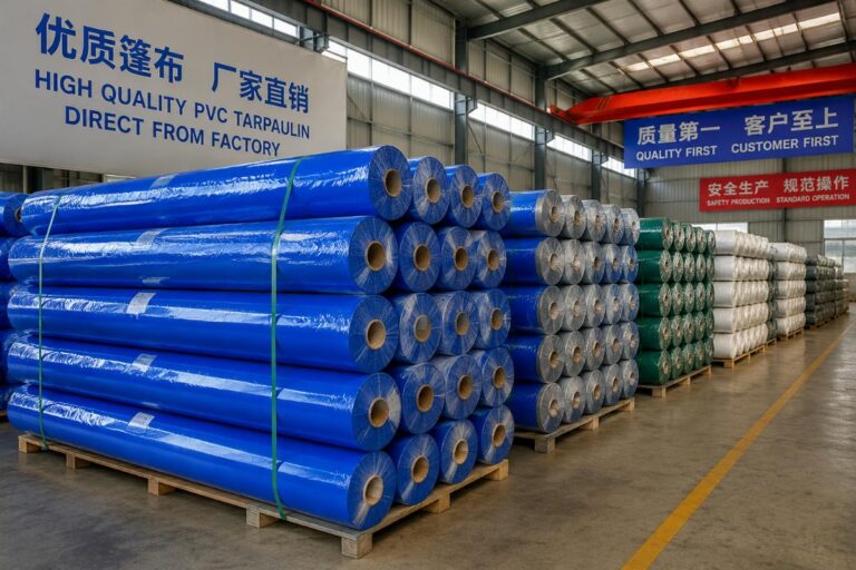 Bulk PVC tarpaulin rolls ready for shipment at factory warehouse