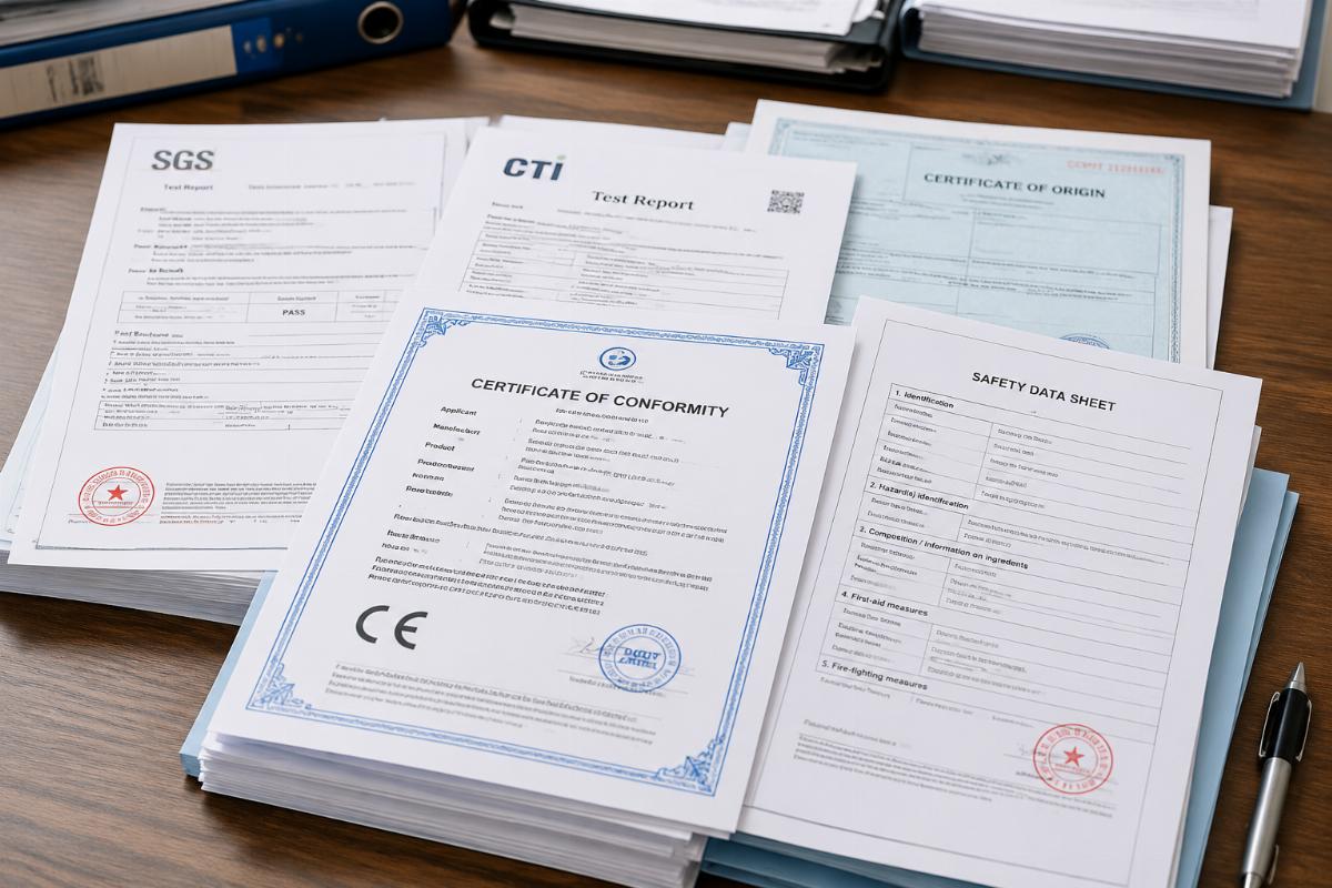 Certification document stack for PVC tarpaulin bulk import clearance