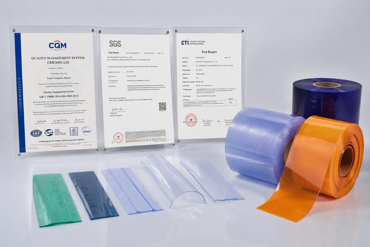 Certification documents alongside finished PVC strip products