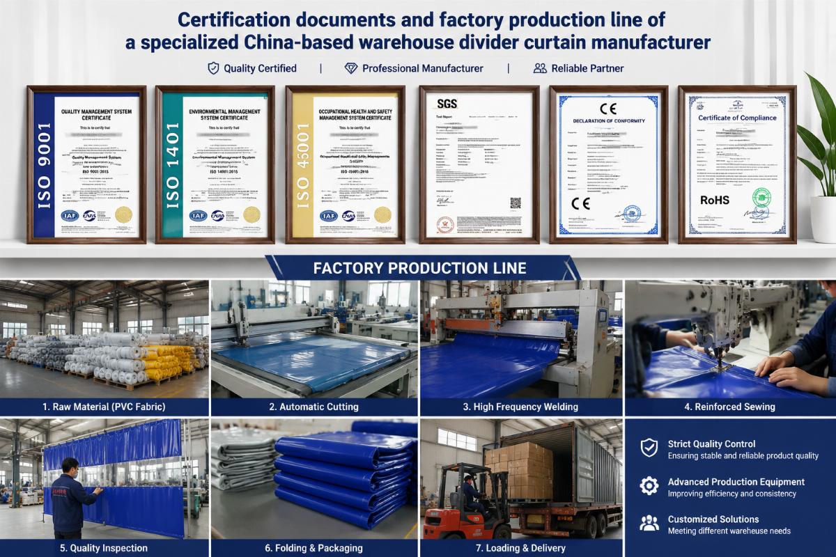 Certification documents and factory production line of a specialized China-based warehouse divider curtain manufacturer