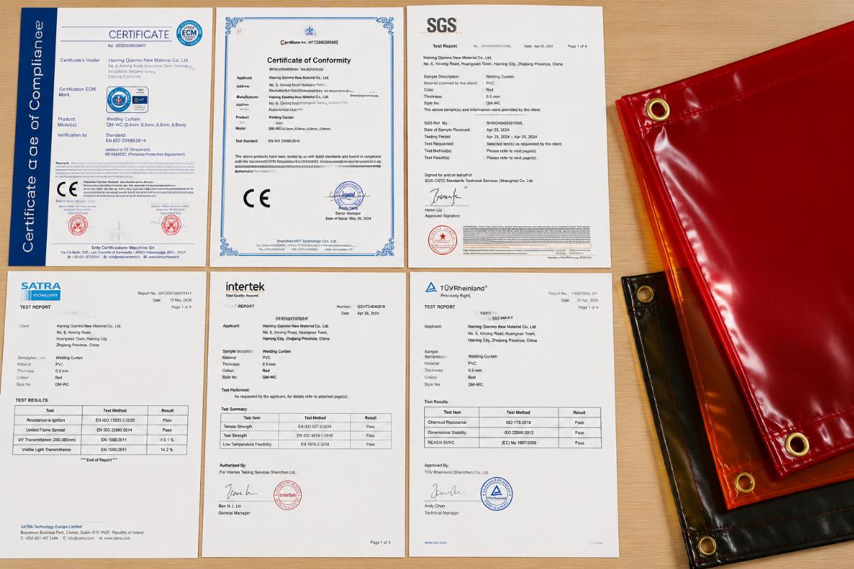 Certification documents and test reports laid out alongside a sample of welding curtain fabric