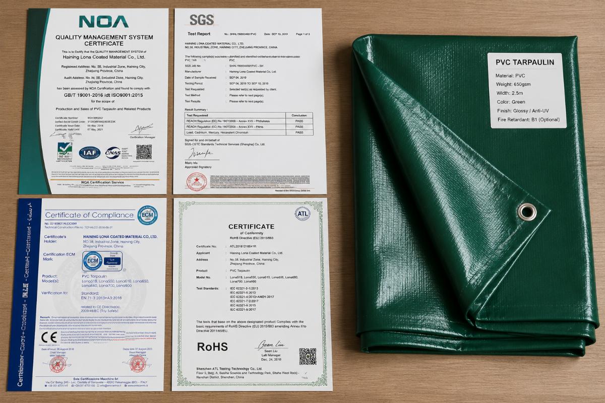 Certification documents laid out next to a sample of PVC tarpaulin