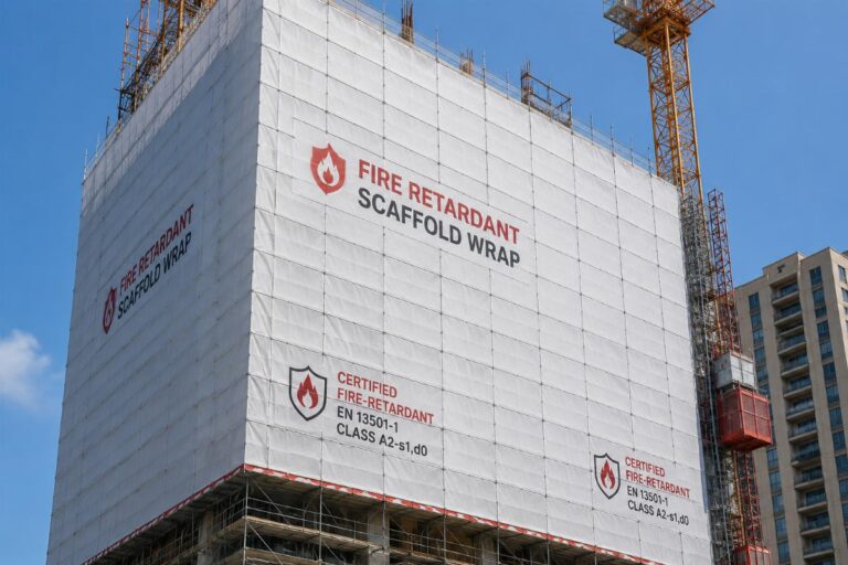 Certified fire-retardant scaffold wrapping tarpaulin installed on a high-rise construction site