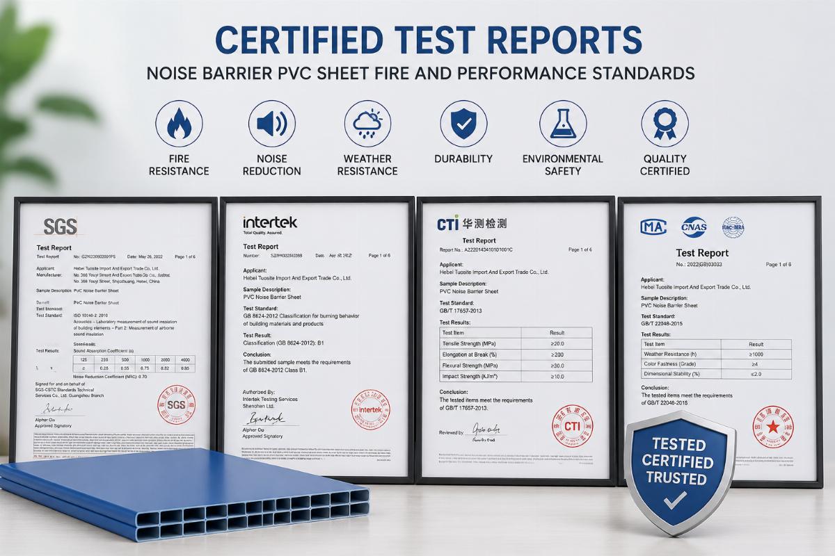 Certified test reports for noise barrier PVC sheet fire and performance standards