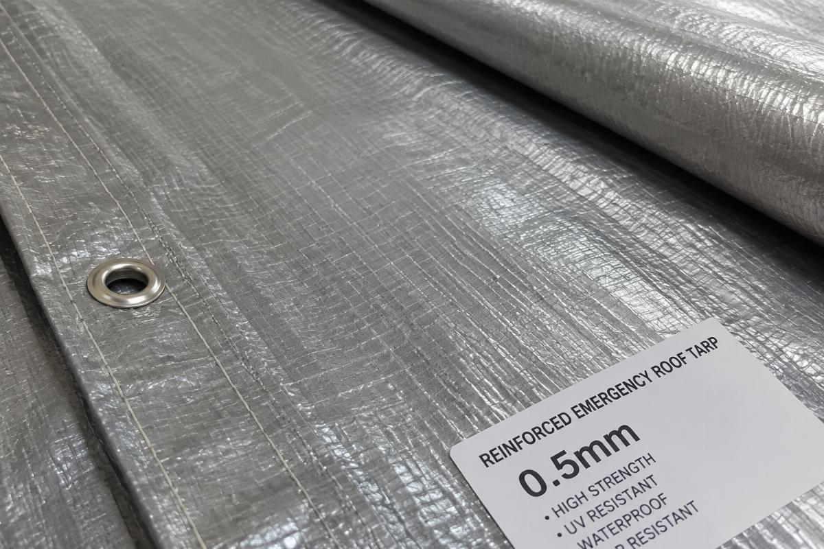 Close-up of a reinforced 0.5mm emergency roof tarp material laid out for inspection