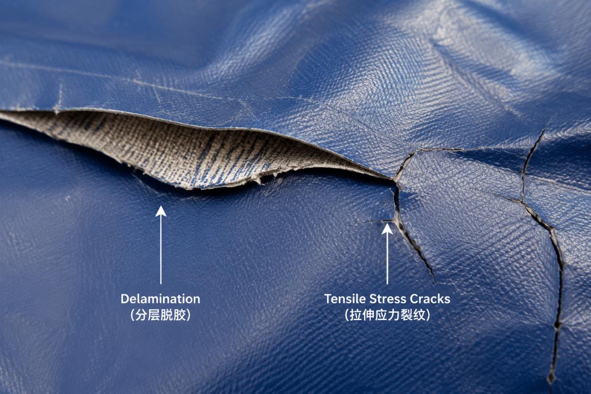 Close up of PVC tarpaulin showing delamination and tensile stress cracks, the key signs for replacement
