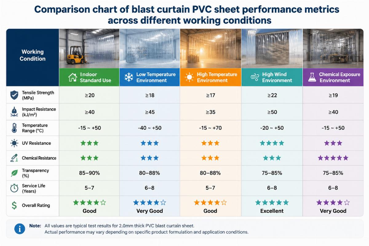 Comparison chart of blast curtain PVC sheet performance metrics across different working conditions