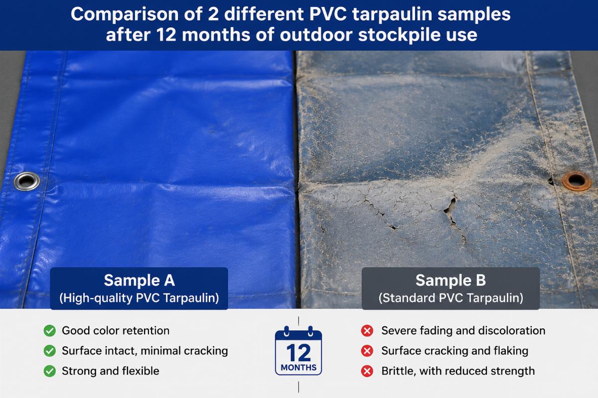 Comparison of 2 different PVC tarpaulin samples after 12 months of outdoor stockpile use