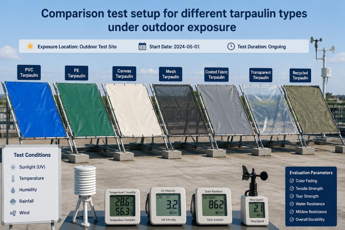 Comparison test setup for different tarpaulin types under outdoor exposure