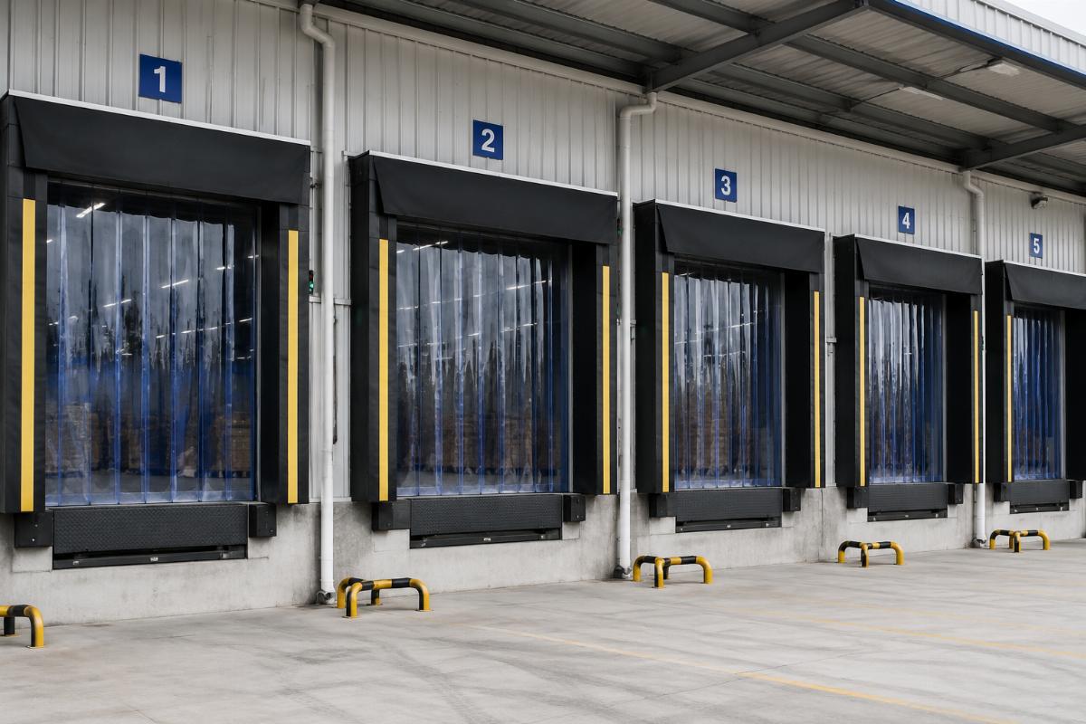 Completed PVC strip curtain installation on a multi-bay loading dock