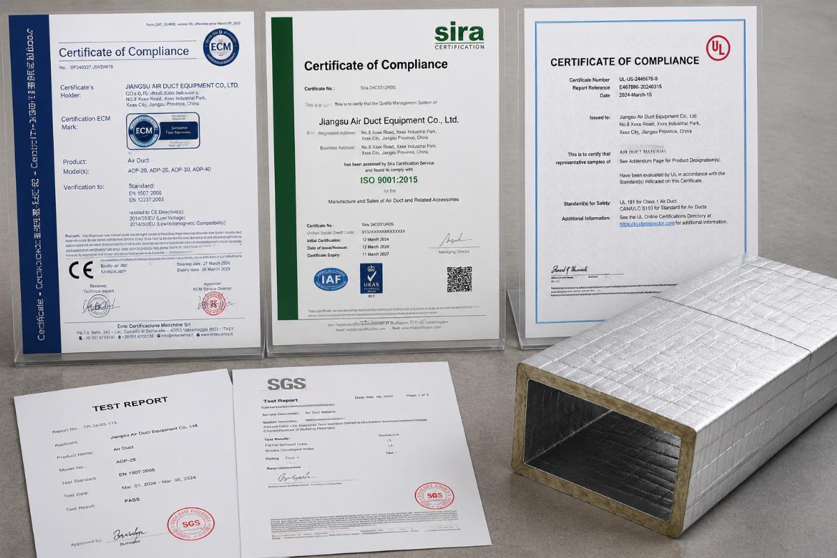 Compliance certification documents laid out alongside a sample of industrial air duct material