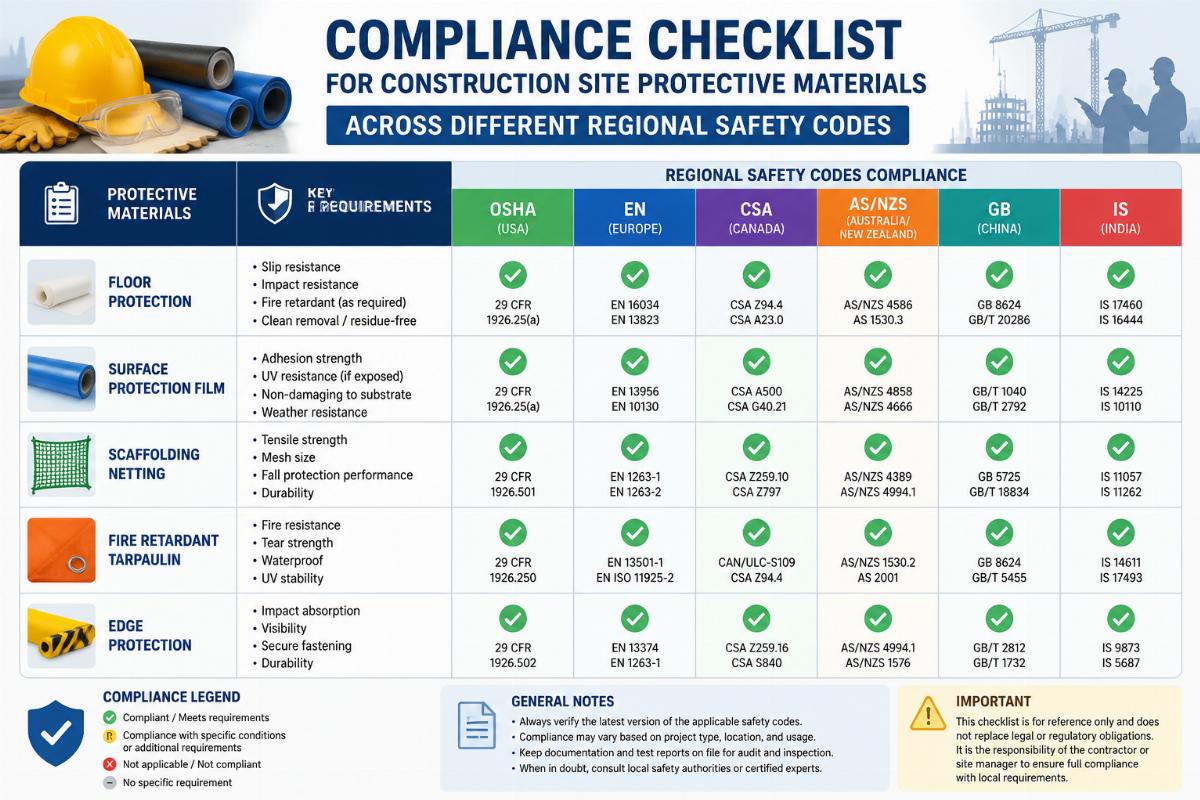 Compliance checklist for construction site protective materials across different regional safety codes