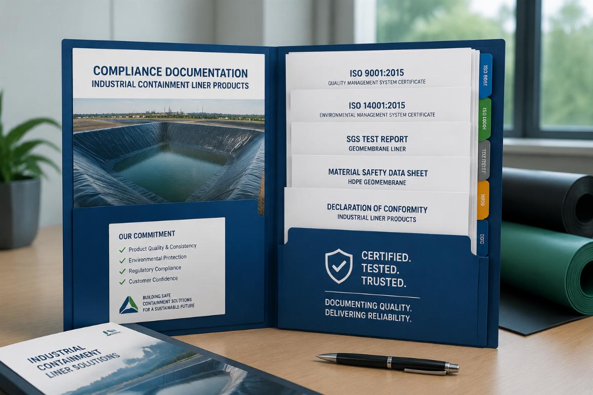 Compliance documentation folder for industrial containment liner products