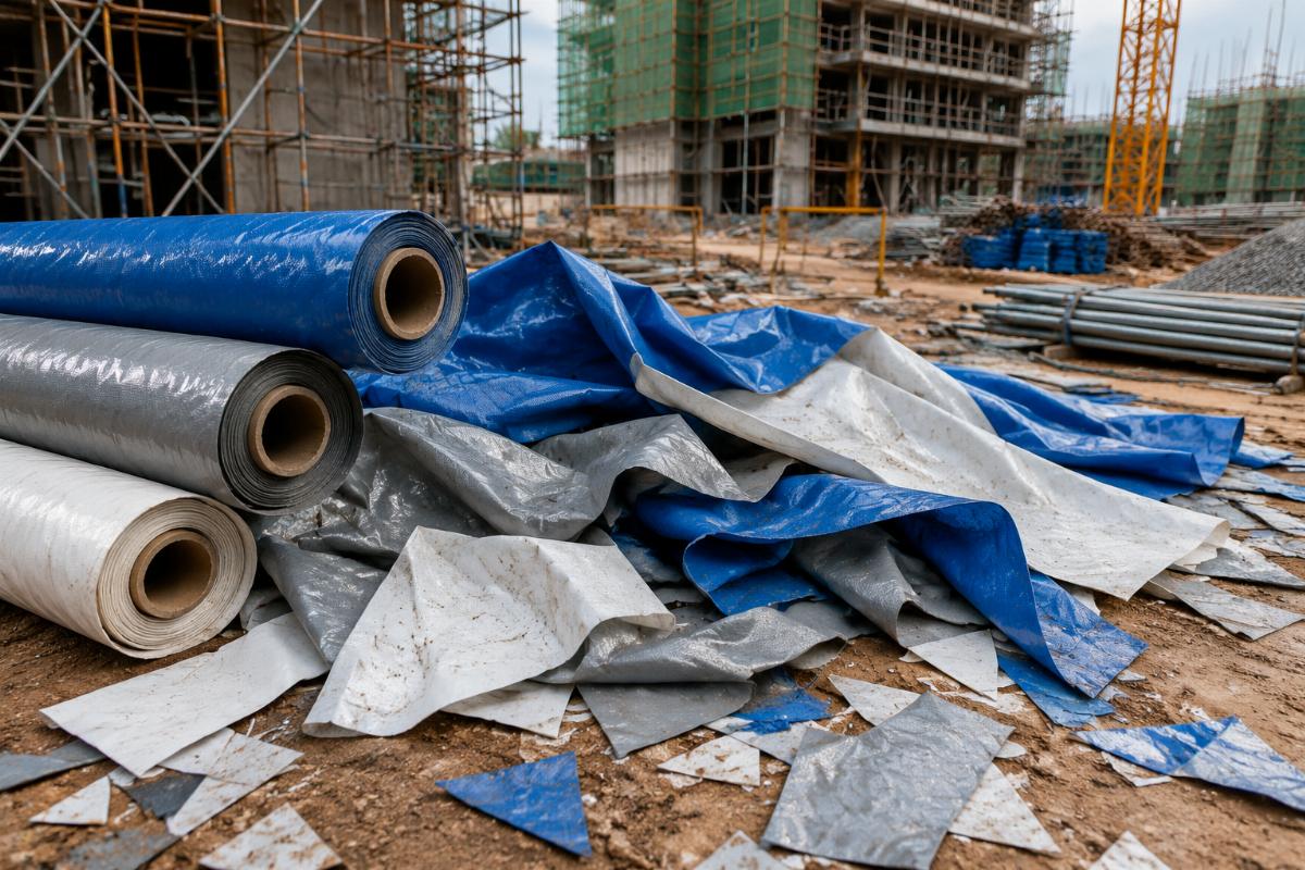 Construction site showing leftover offcut PVC tarpaulin from misaligned roll sizes