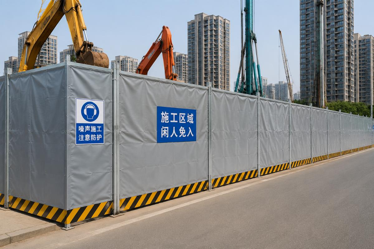 Construction site temporary enclosure with installed noise barrier PVC sheets