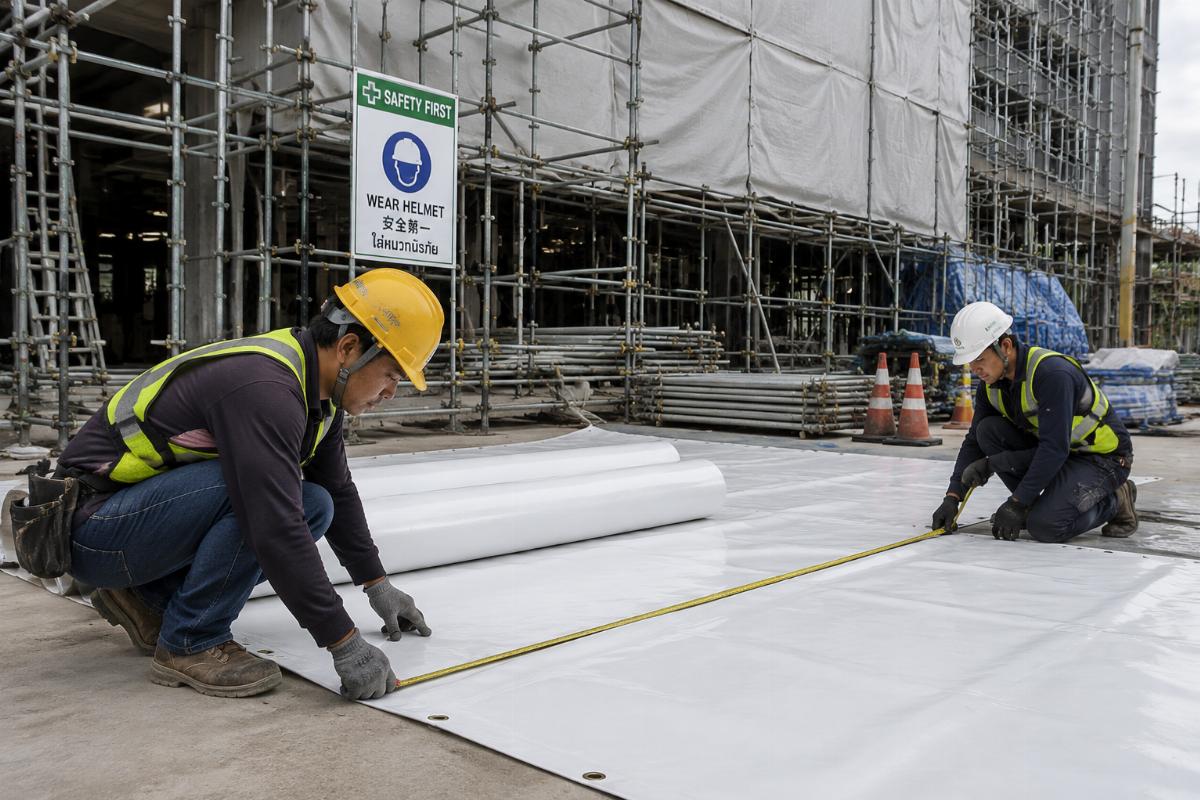 Construction site workers measuring PVC tarpaulin for scaffold wrapping installation