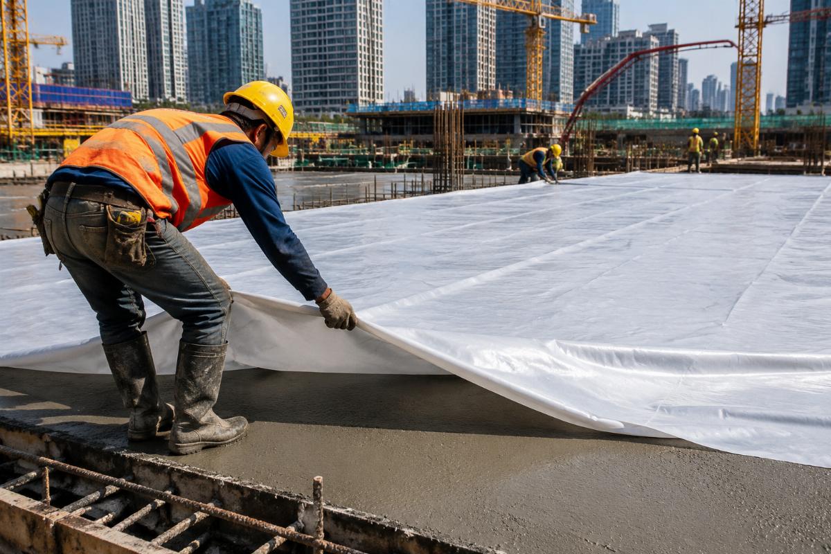 Construction worker laying PVC tarpaulin over freshly poured concrete slab on a large urban project site