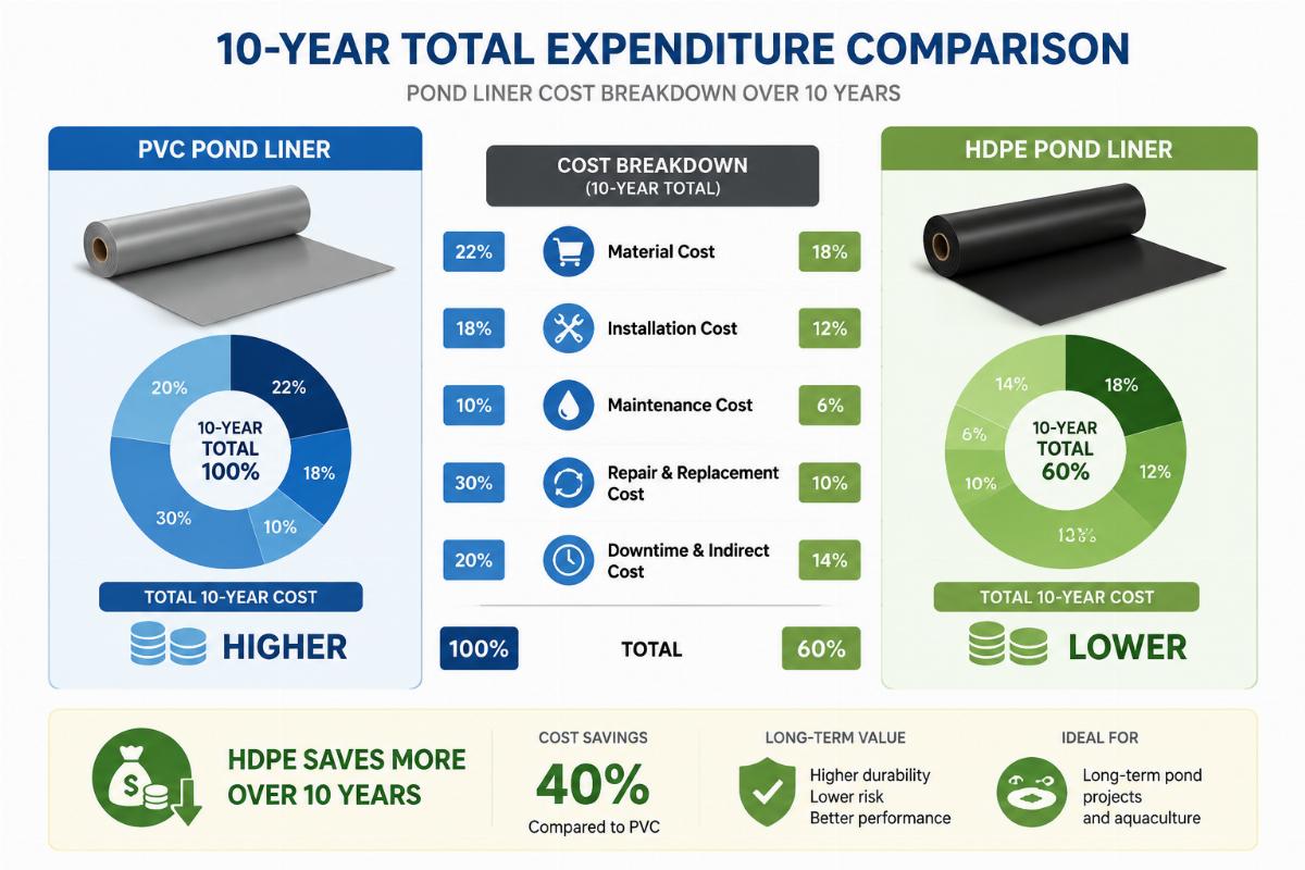 Cost breakdown infographic comparing 10-year total expenditure for PVC and HDPE pond liners