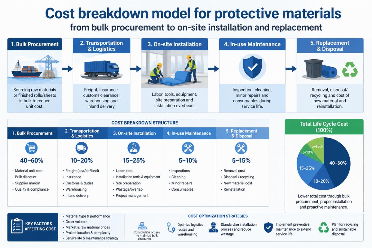 Cost breakdown model for protective materials from bulk procurement to on-site installation and replacement