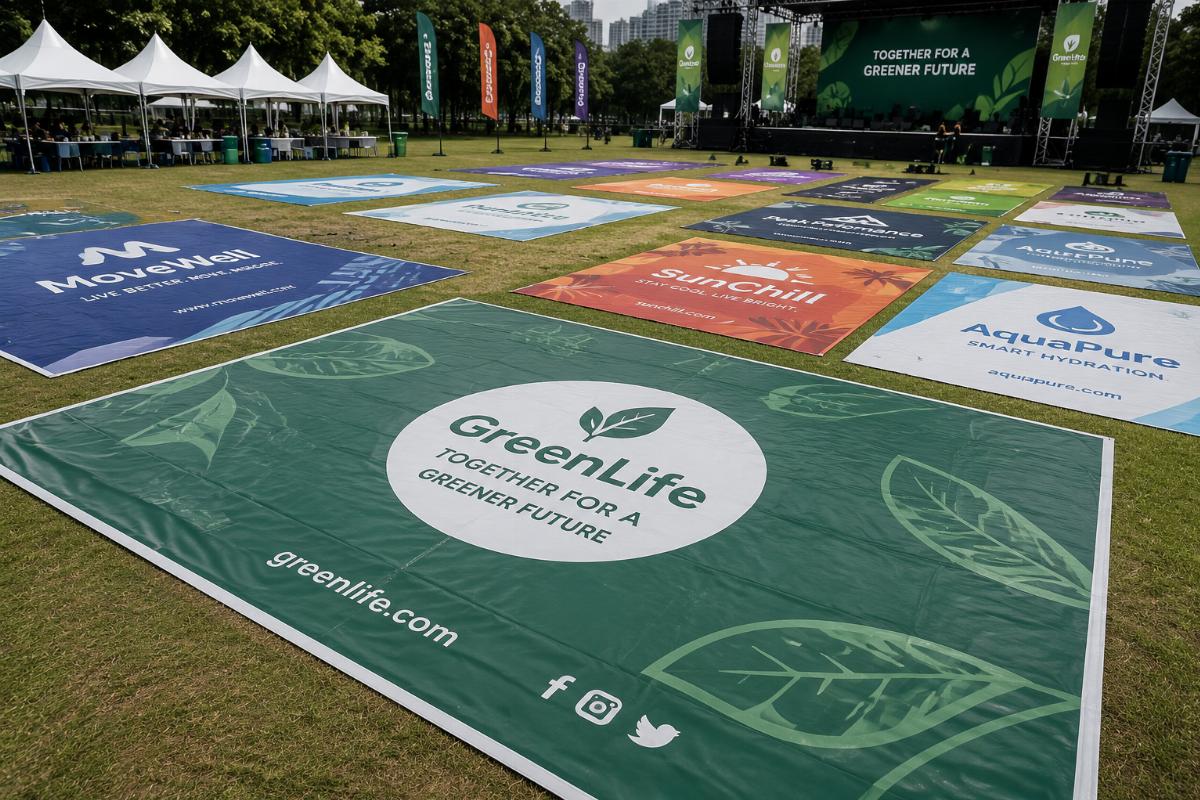 Custom branded PVC ground sheets laid out for event use