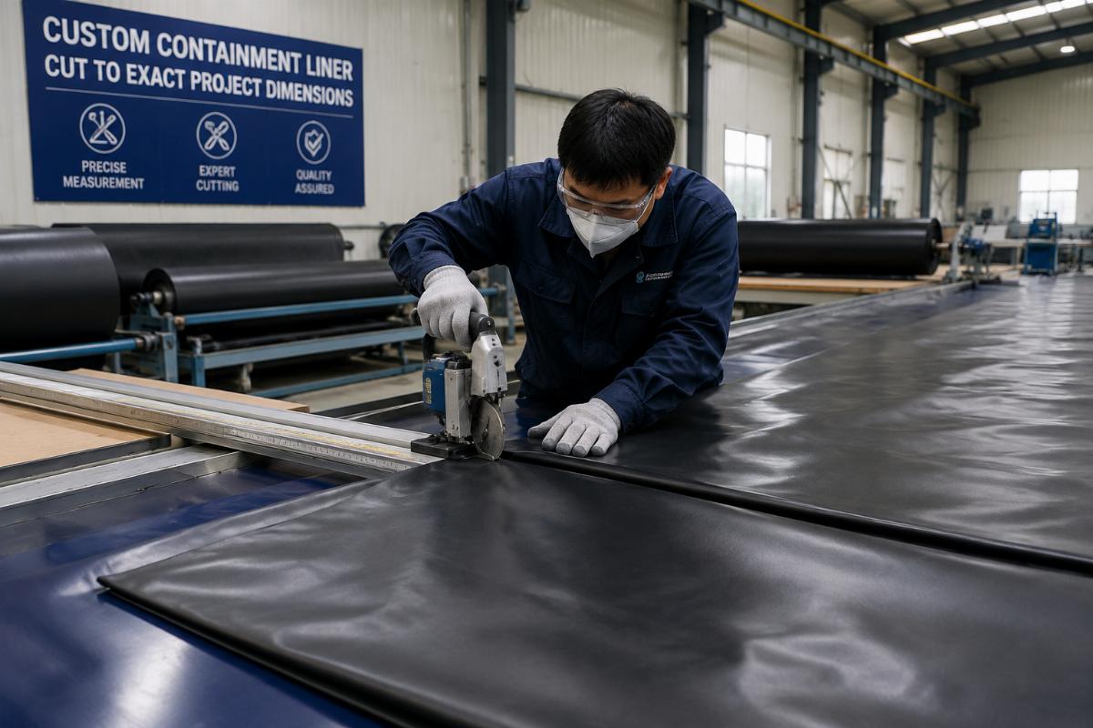 Custom containment liner being cut to exact project dimensions at a factory workshop