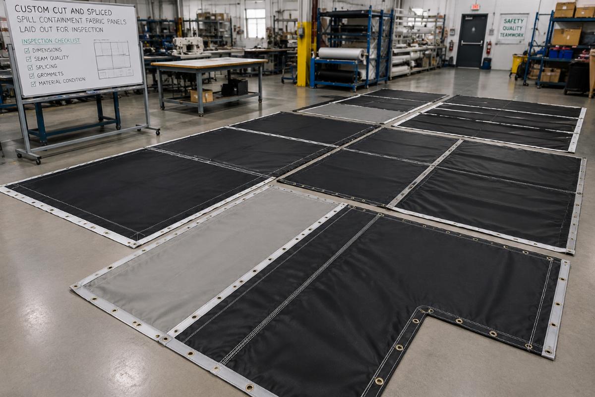 Custom cut and spliced spill containment fabric panels laid out for inspection at a production facility