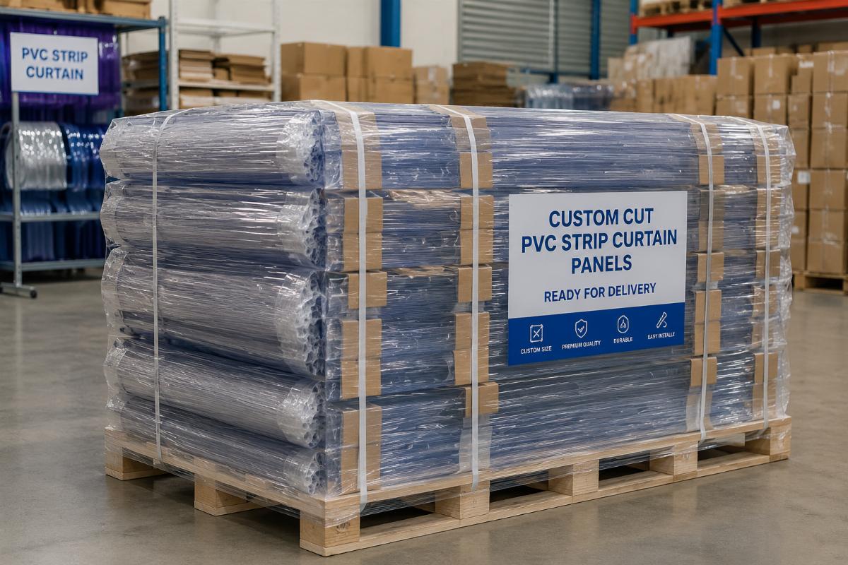 Custom cut PVC strip curtain panels ready for delivery