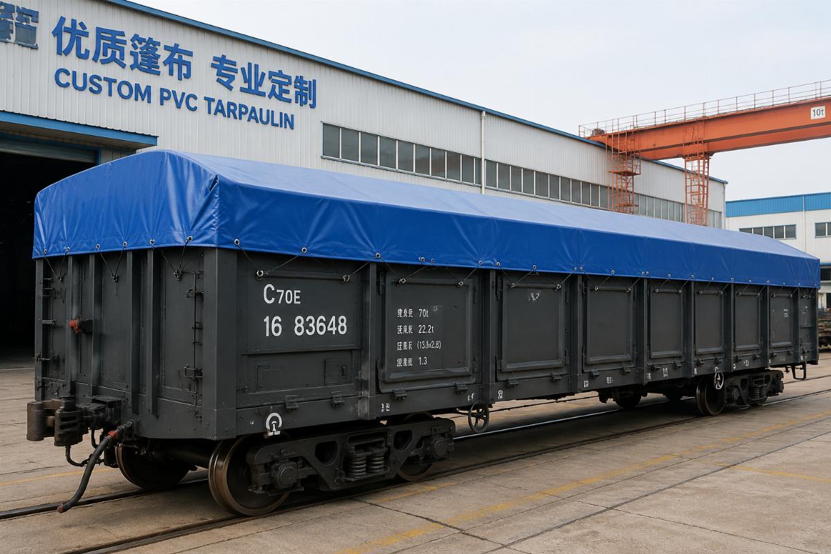 Custom PVC railway wagon cover tarpaulin fitted to a standard open-top freight wagon in a factory yard