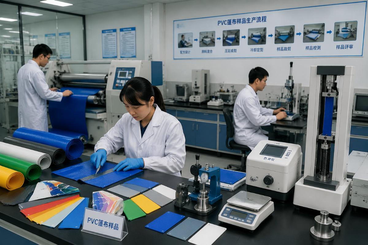 Custom PVC tarpaulin sample production process in a Chinese factory R&D lab