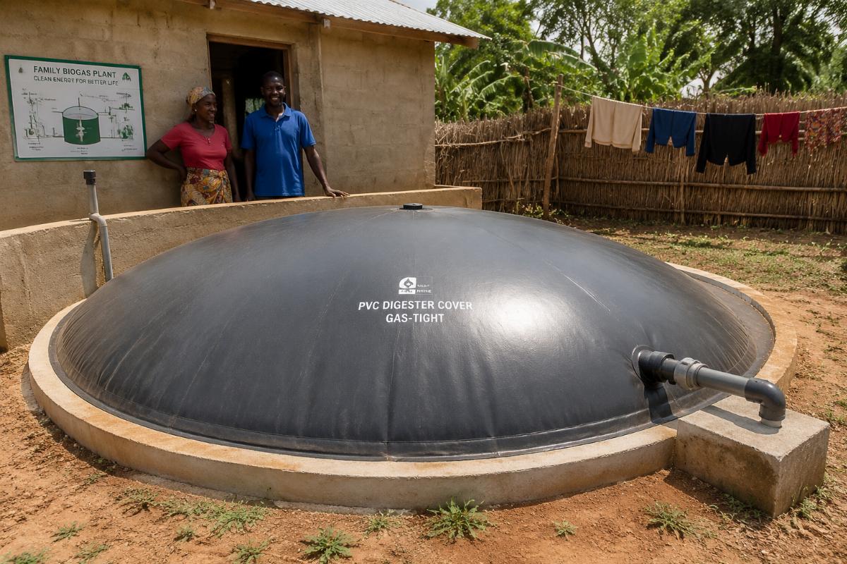 Custom-sized gas-tight PVC digester cover fitted on a small family biogas facility in Africa