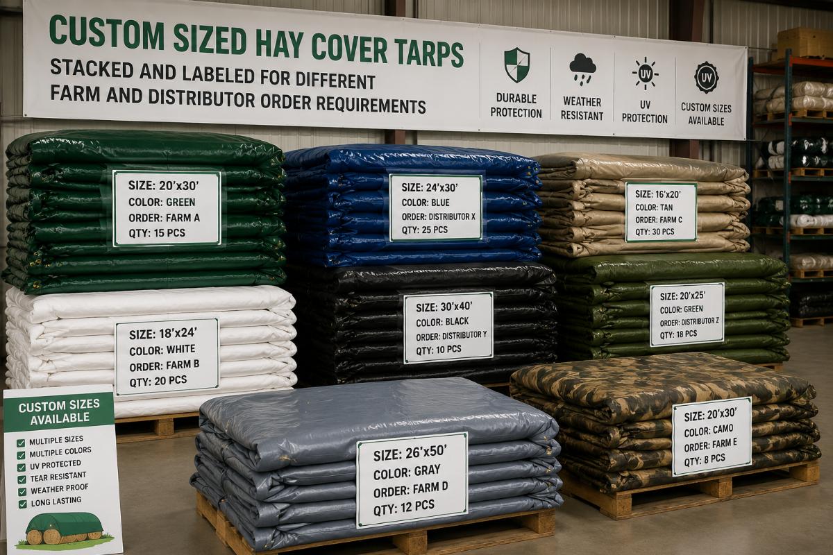 Custom sized hay cover tarps stacked and labeled for different farm and distributor order requirements