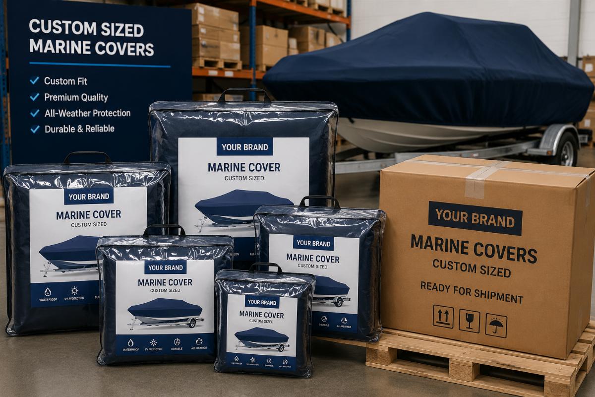 Custom sized marine covers with private label packaging ready for shipment
