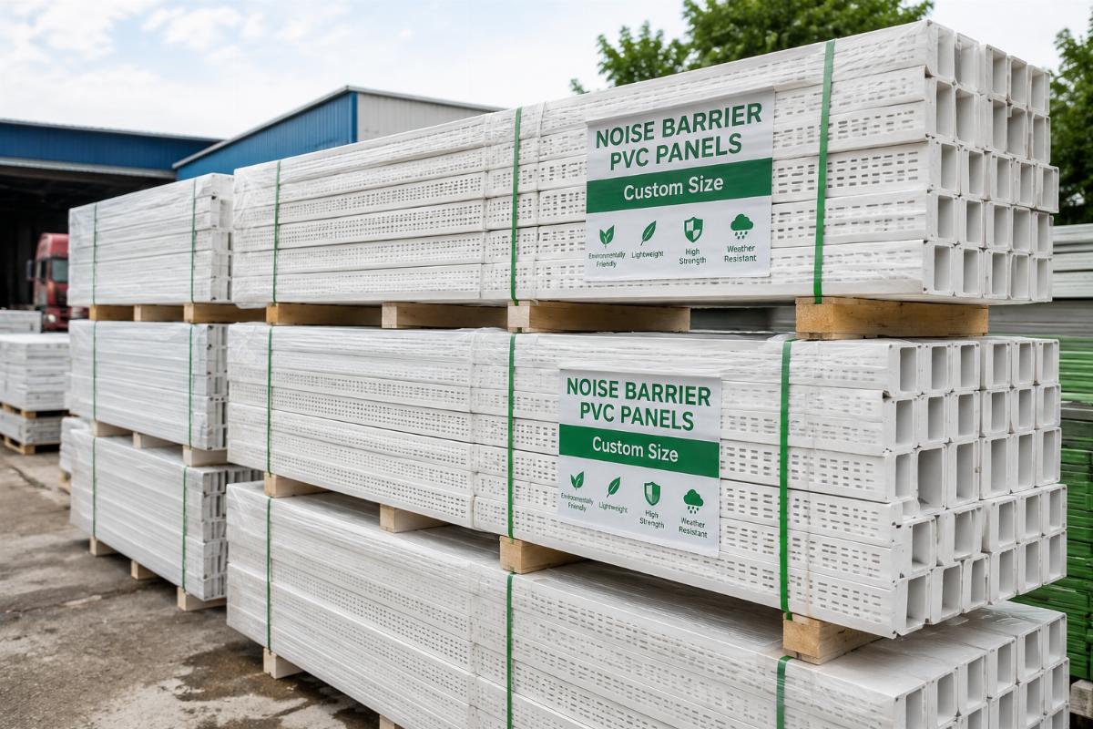 Custom sized noise barrier PVC panels stacked for delivery to construction site