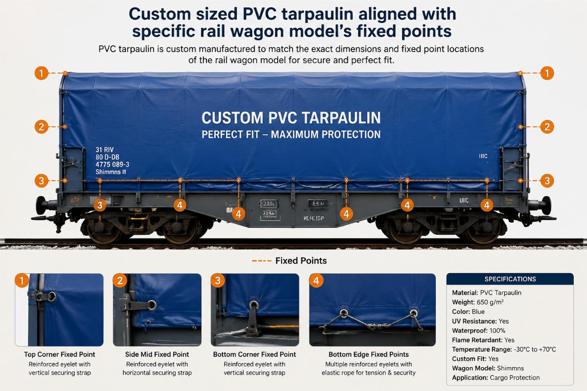 Custom sized PVC tarpaulin aligned with a specific rail wagon model's fixed points